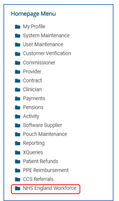 Compass Homepage Menu highlighting NHSE Workforce folder