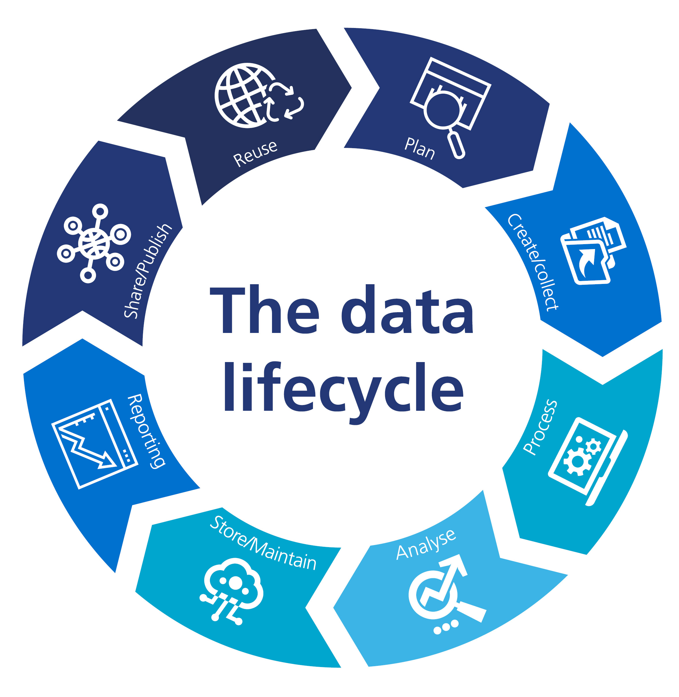 Diagram showing the stages of continual data cycle - Plan, Create/collect, Process, Analyse, Store/Maintain, Reporting, Share/Publish, Reuse