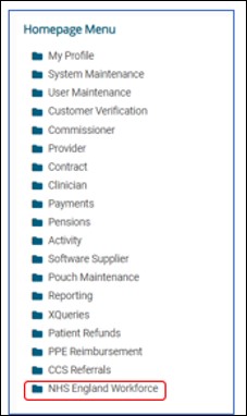 Homepage menu highlighting NHS England Workforce folder