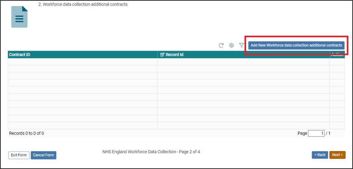 Screenshot highlighting 'Add new workforce data collection additional contracts' button