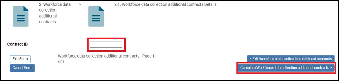 Screenshot highlighting field to add contract number and button labelled ‘Complete workforce data collection additional contracts’