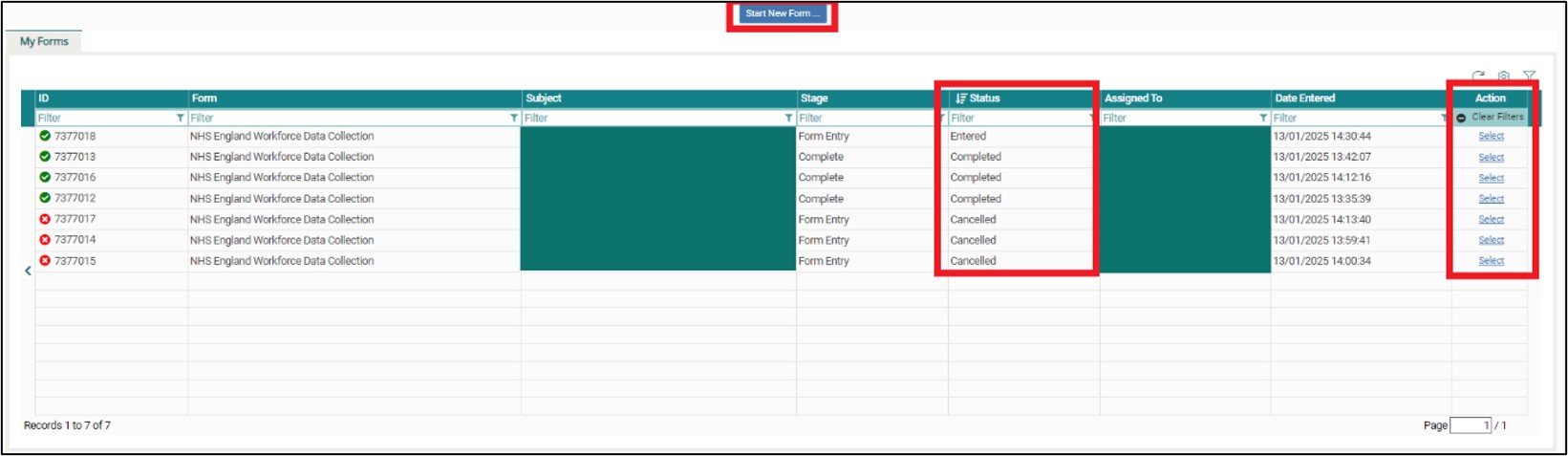 Screenshot highlighting the status of a form and how to select it