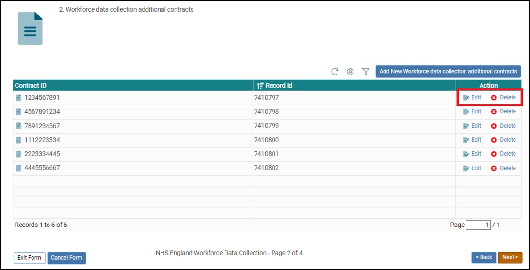 Screenshot highlighting where to edit or delete data for a contract