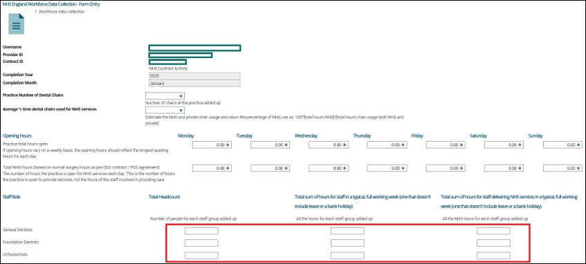 The form highlighting blank fields for data entry