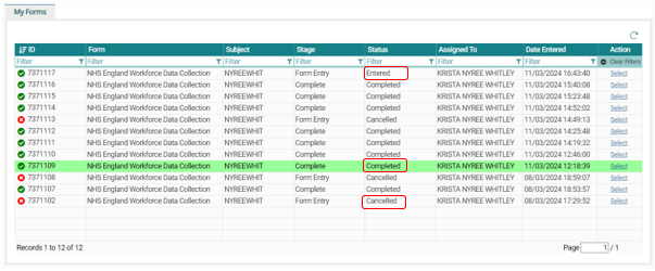 Workforce data collection forms - table showing highlighted status